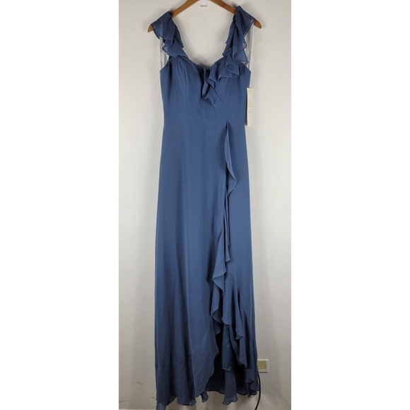 New Revelry Scarlet Chiffon Ruffle Off the Shoulder Faux Wrap Maxi Dress Tall - Picture 2 of 10